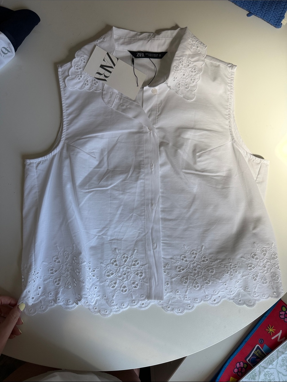 Zara White Eyelet Scalloped Collar Sleeveless Top
